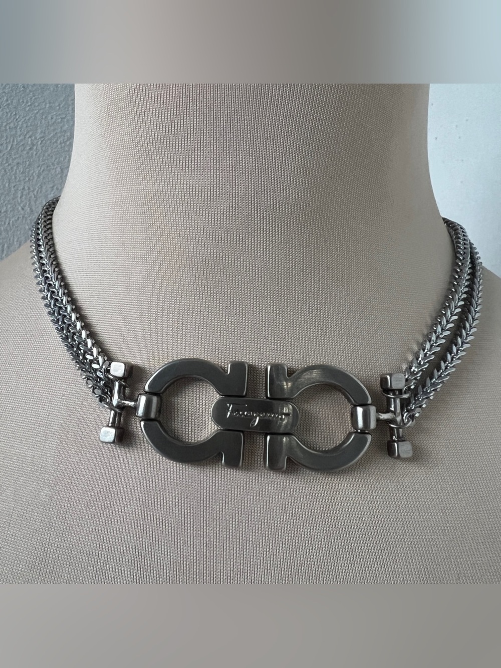 Custom Ferragamo Gancini Hardware Necklace Silver Multi-strand Chain 14.5-15.5” - Picture 7 of 9